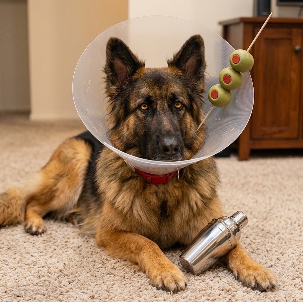 AI-generated image of Hera the German Shepherd wearing a vet cone styled as a giant martini glass