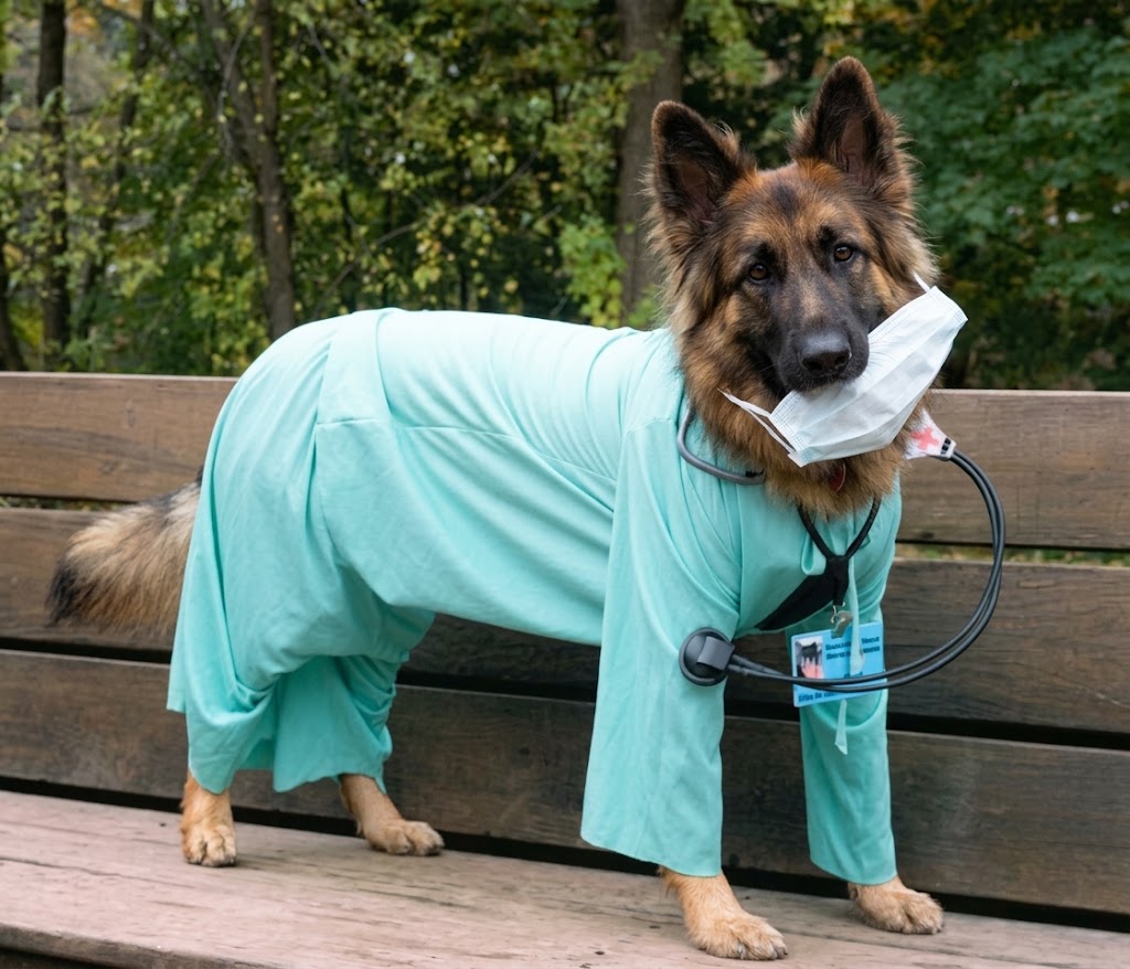 AI-generated image of Hera wearing hospital scrubs and a stethoscope