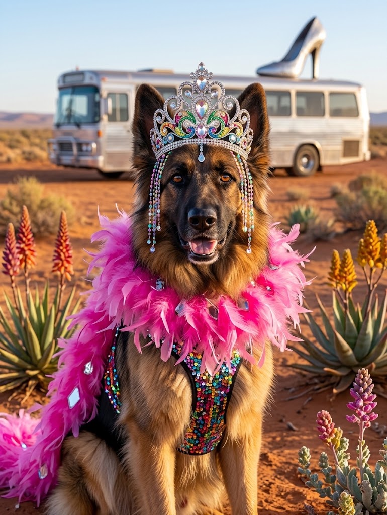 AI-generated image of Hera in a desert drag tribute with a bus and a giant stiletto