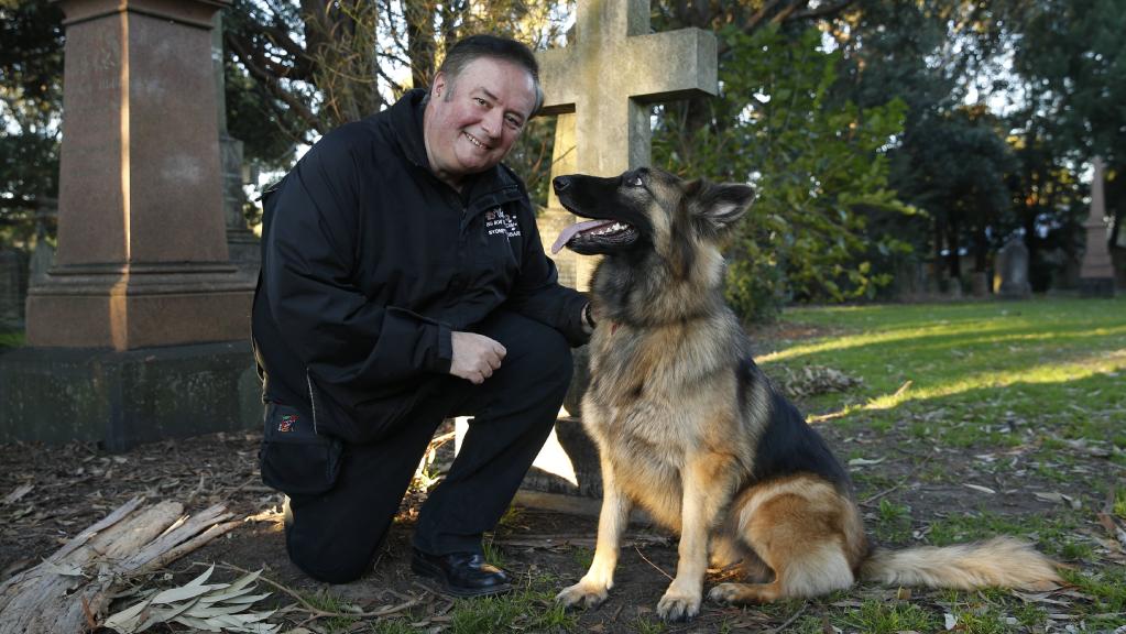Daniel kneeling beside Hera, a Long Stock Coat German Shepherd, in a Sydney cemetery at dusk