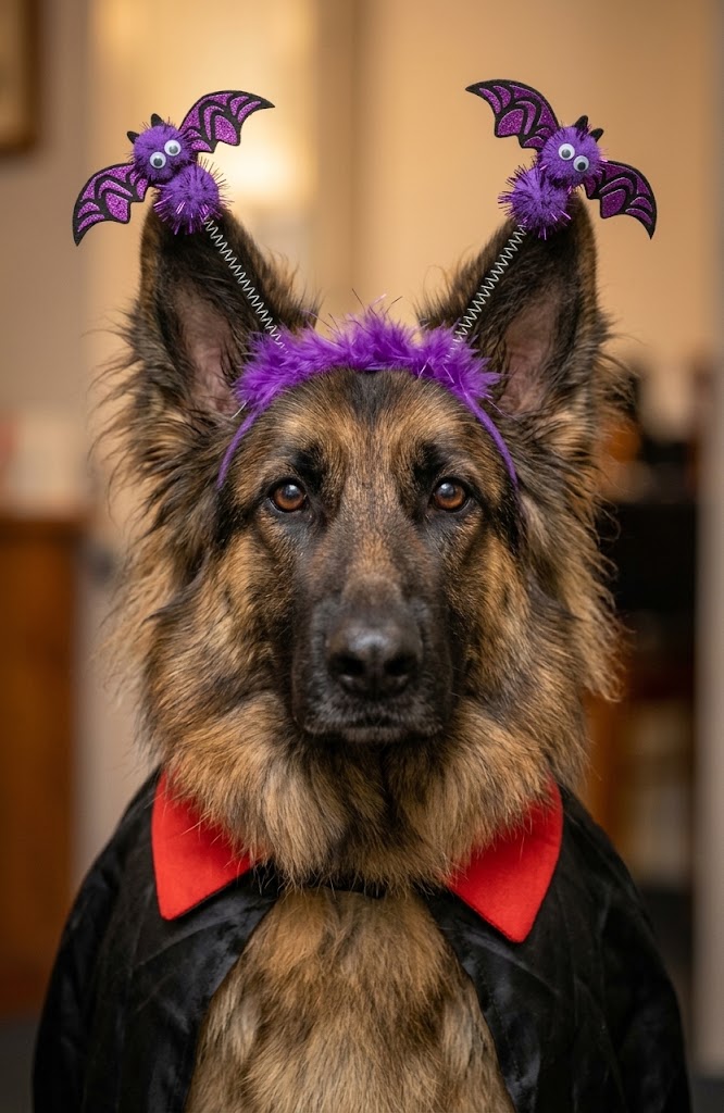 AI-generated image of Hera in a vampire cape