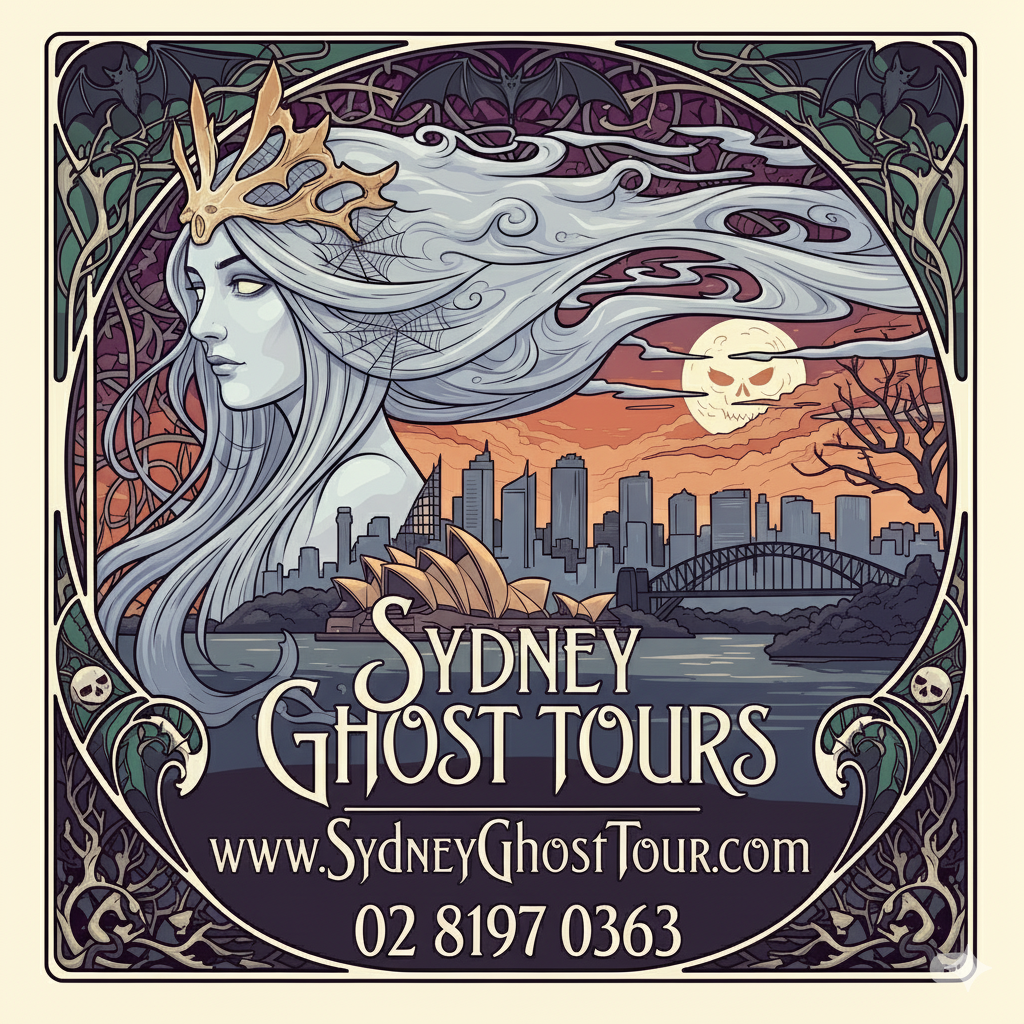 Sydney Ghost Tours vintage Art Nouveau promotional poster featuring haunted Sydney landmarks and supernatural imagery